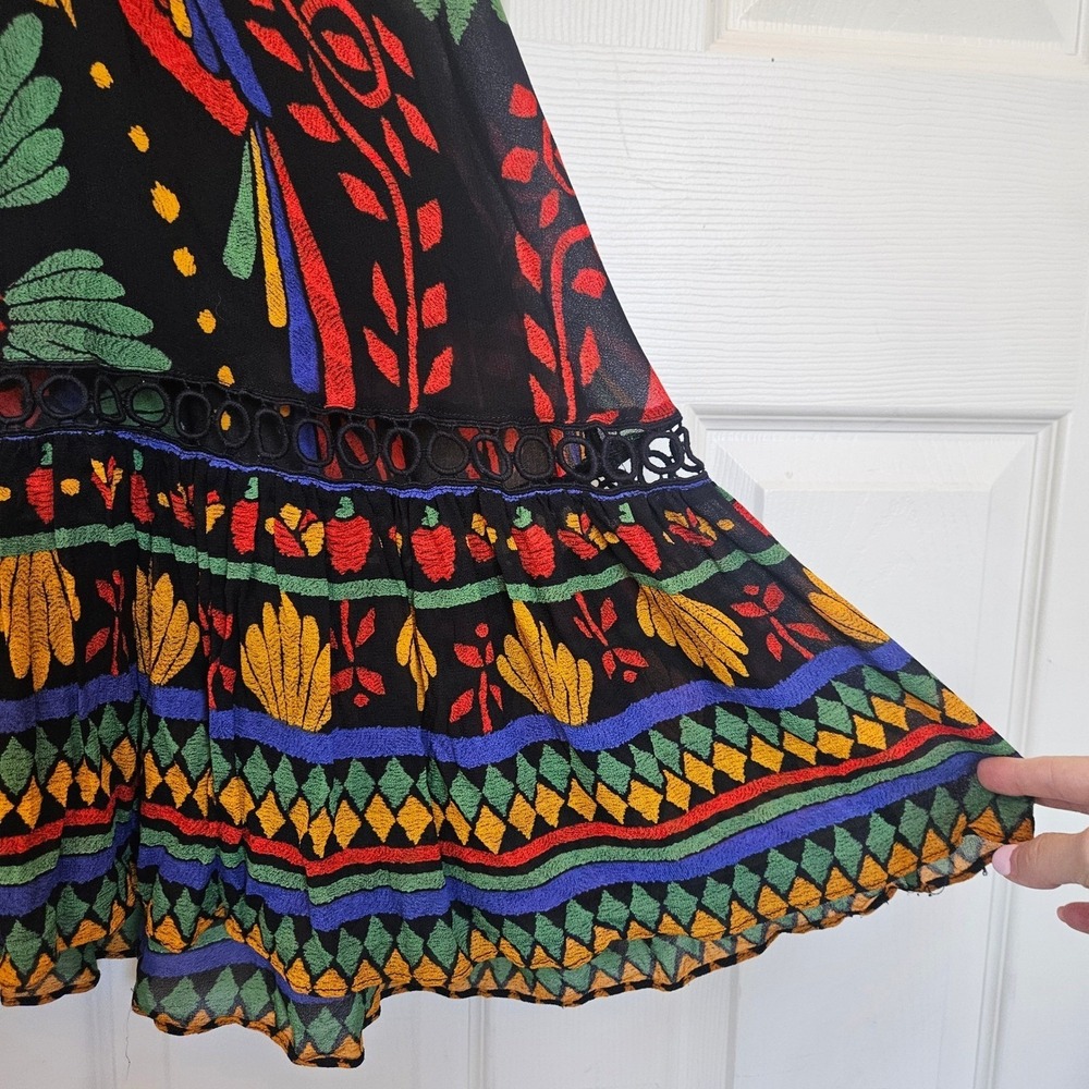 Farm Rio Black Tropical Toucan Floral V-Neck Maxi Dress S Long Puff Sleeve Boho - Picture 7 of 16